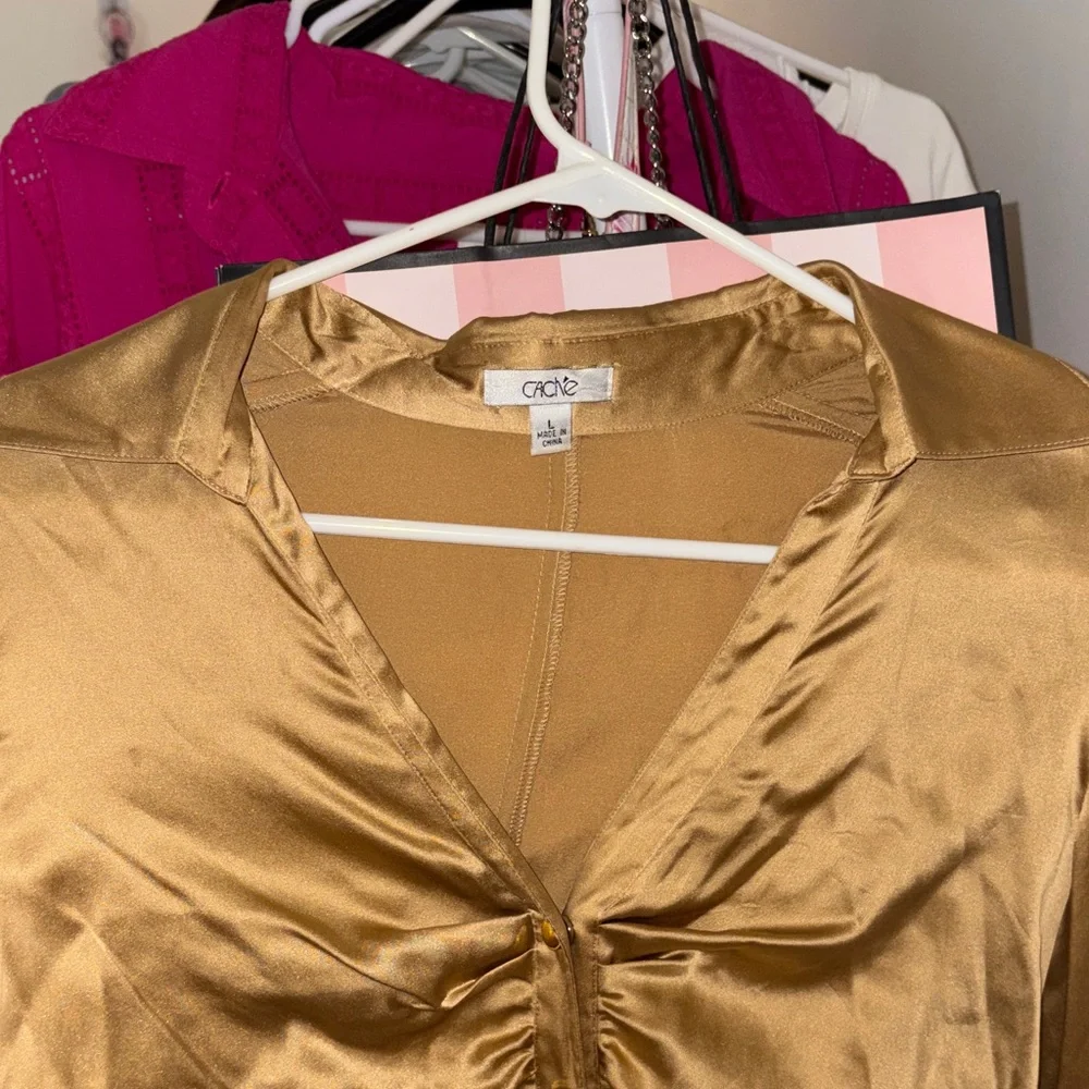 Cache Gold Satin Ruched Button-Front Blouse - Picture 2 of 3